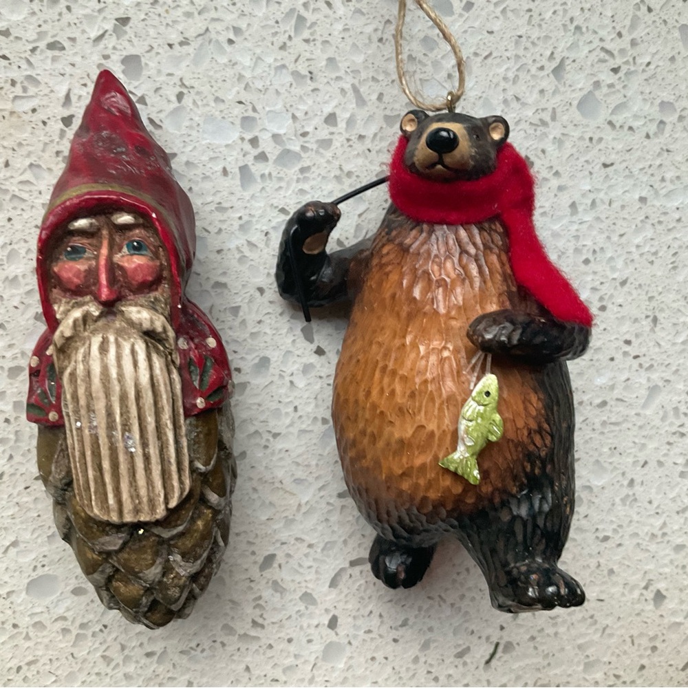 Midwest of Cannon Falls Santa Pinecone and Fishing Bear Christmas Ornaments